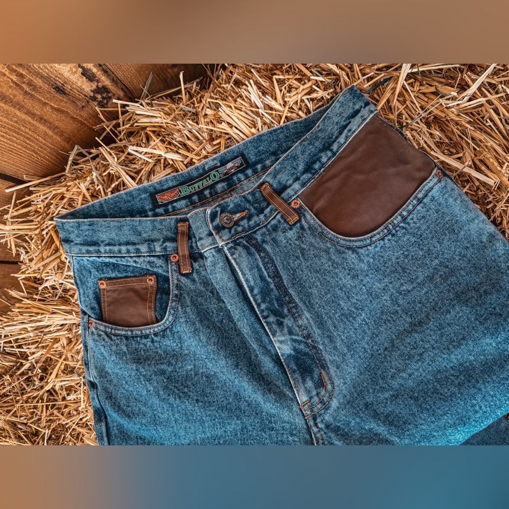 Y2K Buffalo David Bitton Blue Denim Jeans with Brown Leather Trim